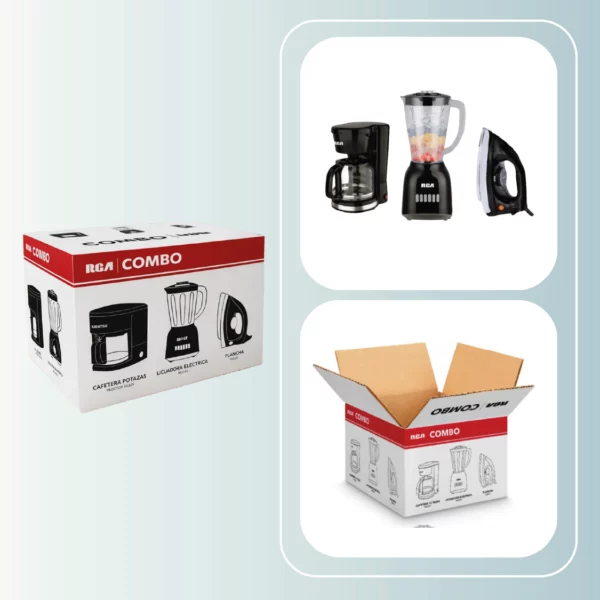 Combo electrodom&eacute;sticos RCA: cafetera, licuadora y plancha de ropa