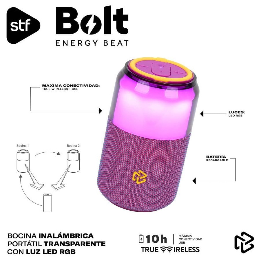Bocina Inalámbrica Portátil Stf Bolt Luz Led Rgb Transparente Negro - Imagen 3